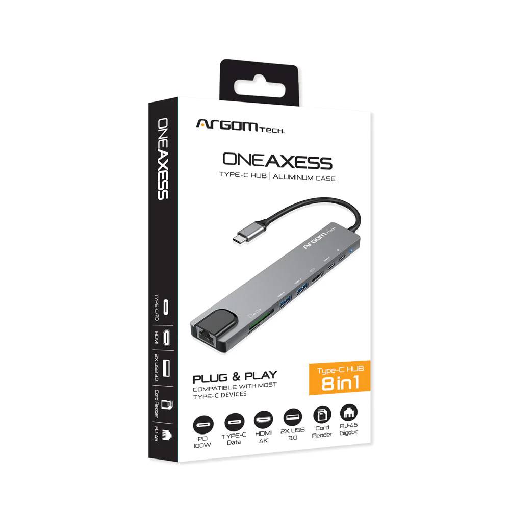 Hub ARGOM 8 en 1 Tipo C SD/TF/HDMI/2 USB/RJ45/PD/TIPO C  ARG-UB-0093