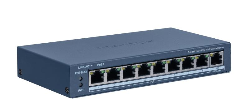 Switch HIKVISION 8 puertos PoE de 10/100 Mbps, 1 puerto Gigabit RJ45