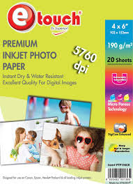 Papel Fotográfico E-Touch 4X6&quot;, 20 Hojas, 190GRS