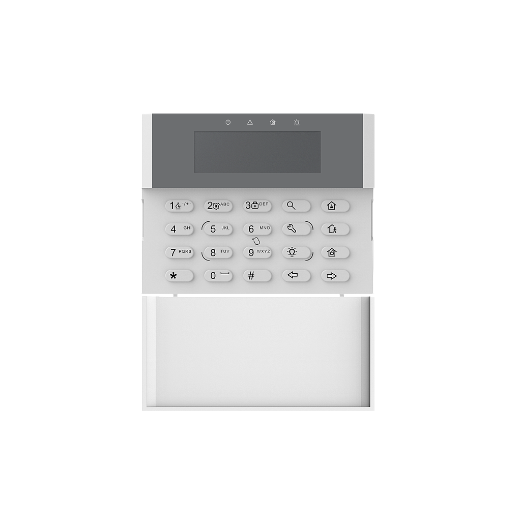 Teclado para alarma AX PRO Hybrid, pantalla LCD, lector de tag integrado, 2 entradas de alarma, 1 salida de alarma. Marca Hikvision
