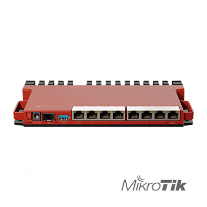 Router MikroTik L009UiGS-RM con 8 puertos gigabit y 1 ranura SFP, modelo con disipación de calor pasiva