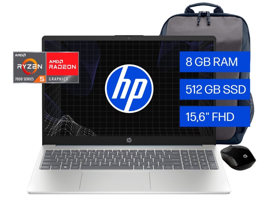 Laptop HP 15-fc0262la AMD R5-7520U / 8GB 512GB / W11 Plateada / Mochila y Mouse / Español