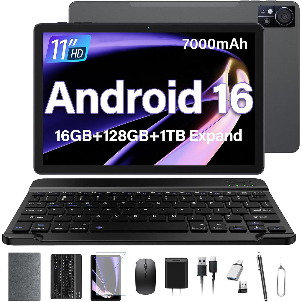 Tablet Android 15 de 11 pulgadas 2025 Última actualización 16 GB RAM 128 GB ROM 1 TB Expandion 5G WiFi celular 21MP doble cámara Octa-core MTK8786. Gemini AI 2.0. Tabletas con teclado, ratón, película | MTK8786 Octa-Core Processor, 21MP Camera, 7000mAh, Gemini AI 2.0, 5G WiFi, Mouse, Case, Protective Film, Gray