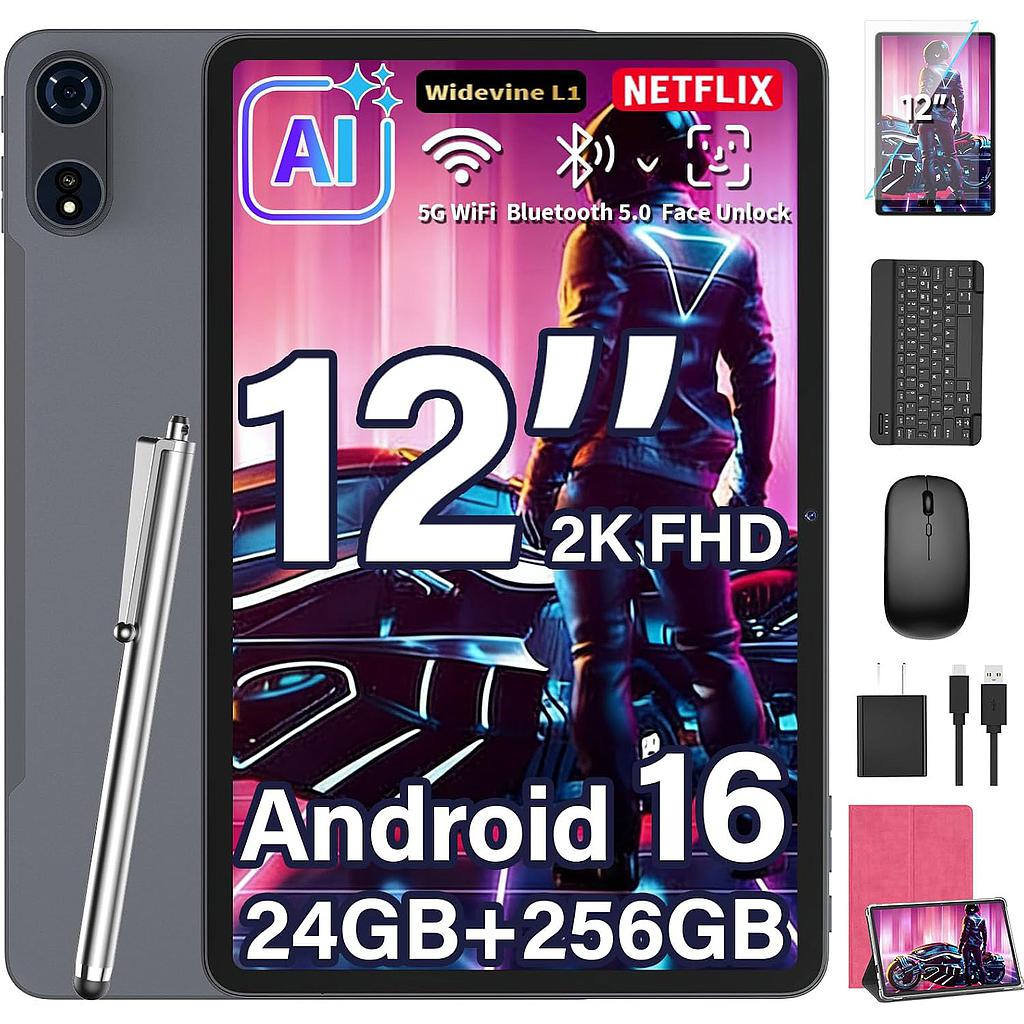 Tablet Relndoo TAB9 de 12 pulgadas, Android 16 con teclado, 24GB+256GB+2TB Expand, 2K Gemini AI Tablets PC con 8 núcleos, 8000mAh, WiFi 5G, 16+8MP, GPS, tabletas grandes 2 en 1 con funda, mouse, lápiz